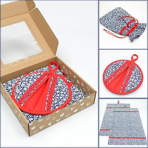 Úžitkový textil - Modro bielo červený bavlnený set do kuchyne SARA - 16500941_