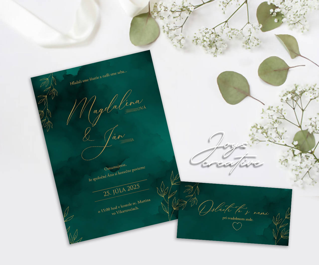 Elegantné Svadobné oznámenie smaragdovo zlaté A03 (vzor 2)