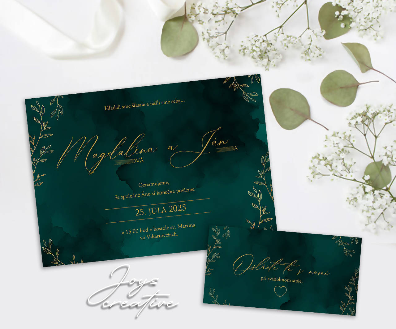 Elegantné Svadobné oznámenie smaragdovo zlaté A03 (vzor 4)