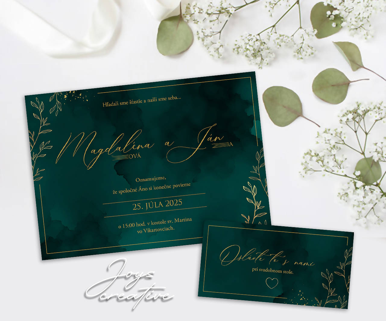 Elegantné Svadobné oznámenie smaragdovo zlaté A03 (vzor 5)