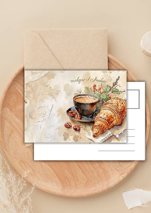 Papiernictvo - Pohľadnica " káva a croissant " - 16503359_