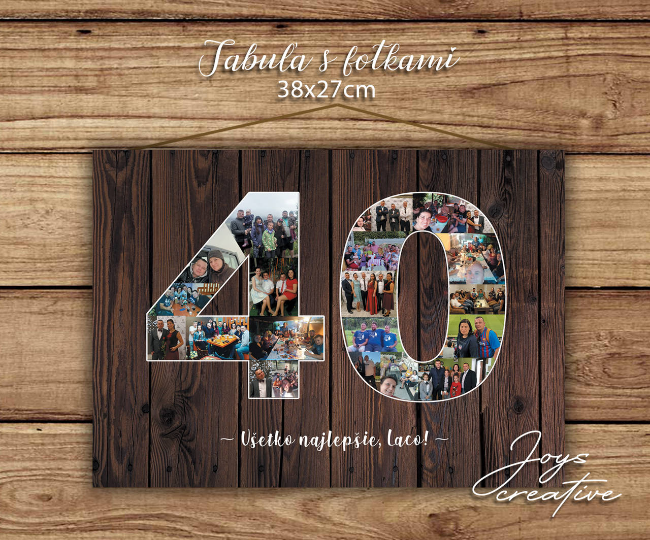 Drevená narodeninová tabuľa s fotografiami v tvare čísla (drevené pozadie)