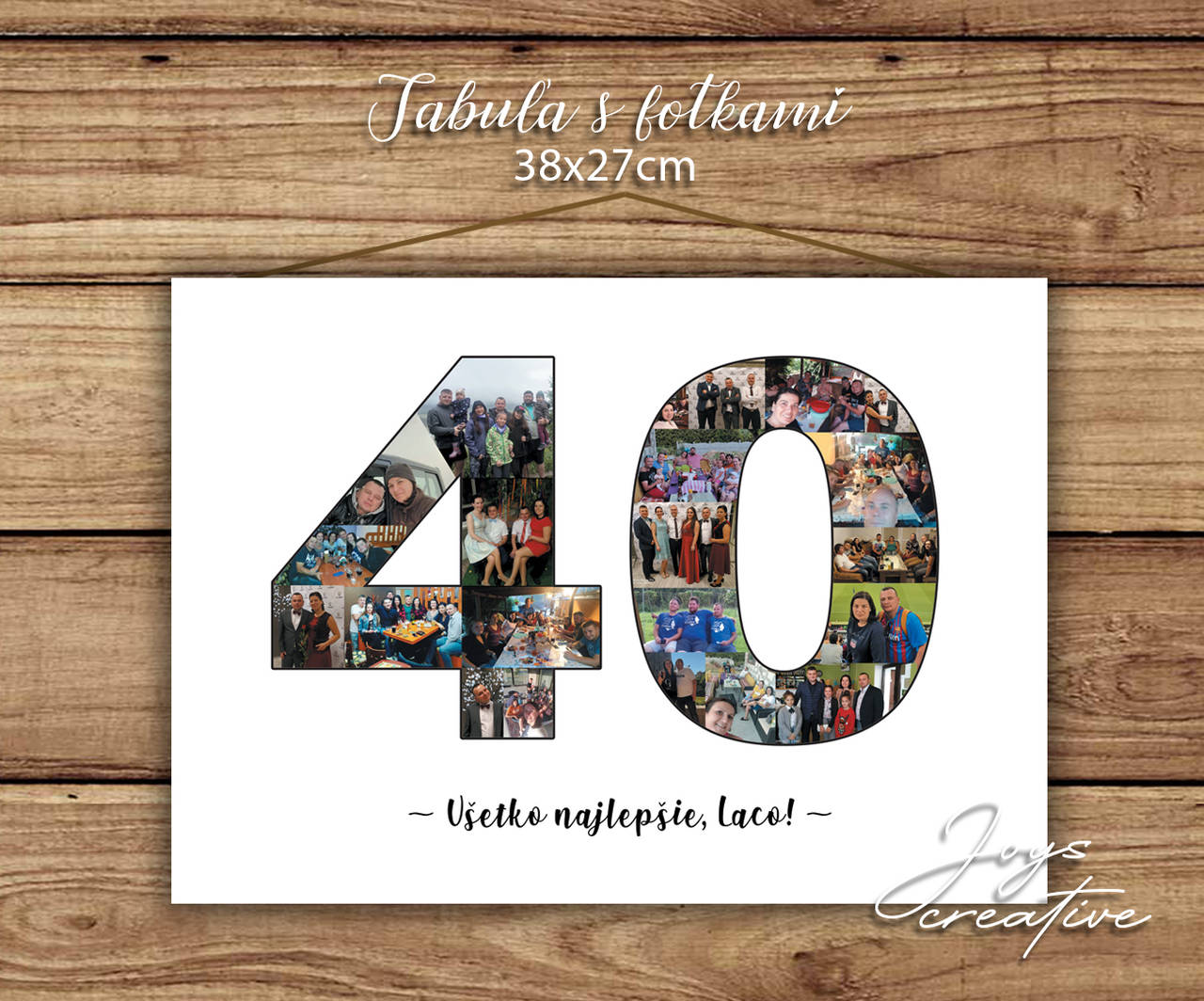 Drevená narodeninová tabuľa s fotografiami v tvare čísla (biele pozadie)