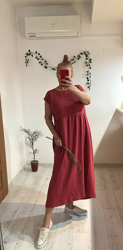 Šaty - MAXI Ľanové Šaty s Vreckami /STRAWBERRY/ - 16510836_