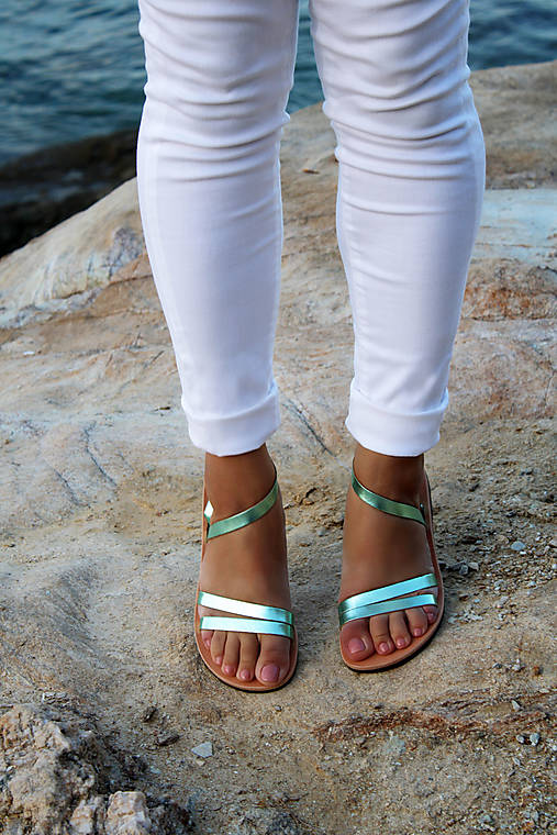 Kožené sandále ZAKROS - zeleno-strieborné