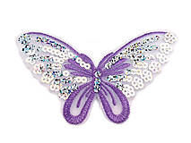 Galantéria - Nažehlovačka motýľ s flitrami 12,5x7,5 cm - fialová - 16516106_
