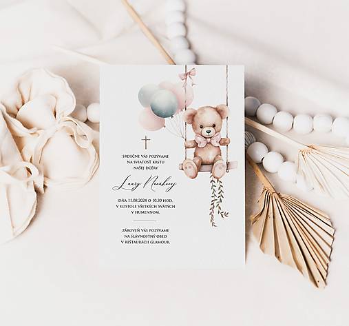 Papiernictvo - Pozvánka na krst s ružovým medvedíkom na hojdačke - 16517979_