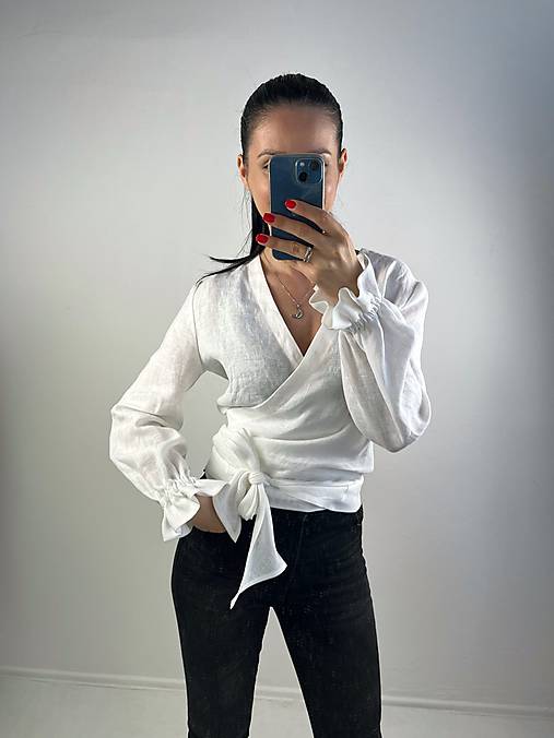 Blúzky a košele - Dámsky ľanový zavinovací top - 16517544_