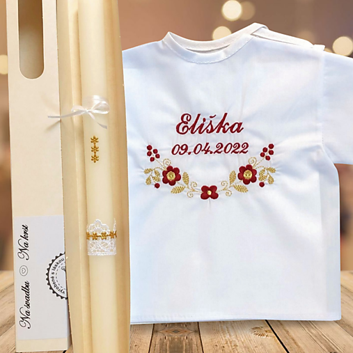 Detské oblečenie - Košieľka na krst  k09 bordová so zlatou a sviečka na krst zlaté kvietky - 16518539_