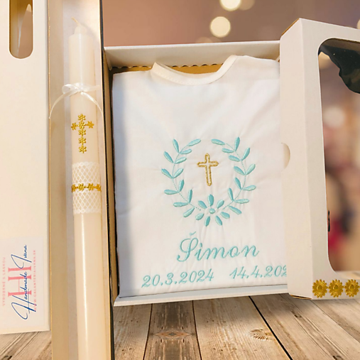 Detské oblečenie - Košieľka na krst k10 mentolová zlatá v darčekovom balení a sviečka na krst zlatý krížik - 16518603_