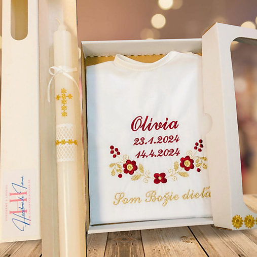 Detské oblečenie - Košieľka na krst k09 bordová so zlatou v darčekovom balení a sviečka na krst zlatý krížik - 16518681_