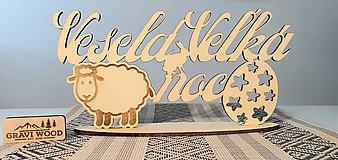 Dekorácie - Drevená veľkonočná dekorácia „Veselá Veľká noc s ovečkou, zajacom a vajíčkom“ - 16527400_