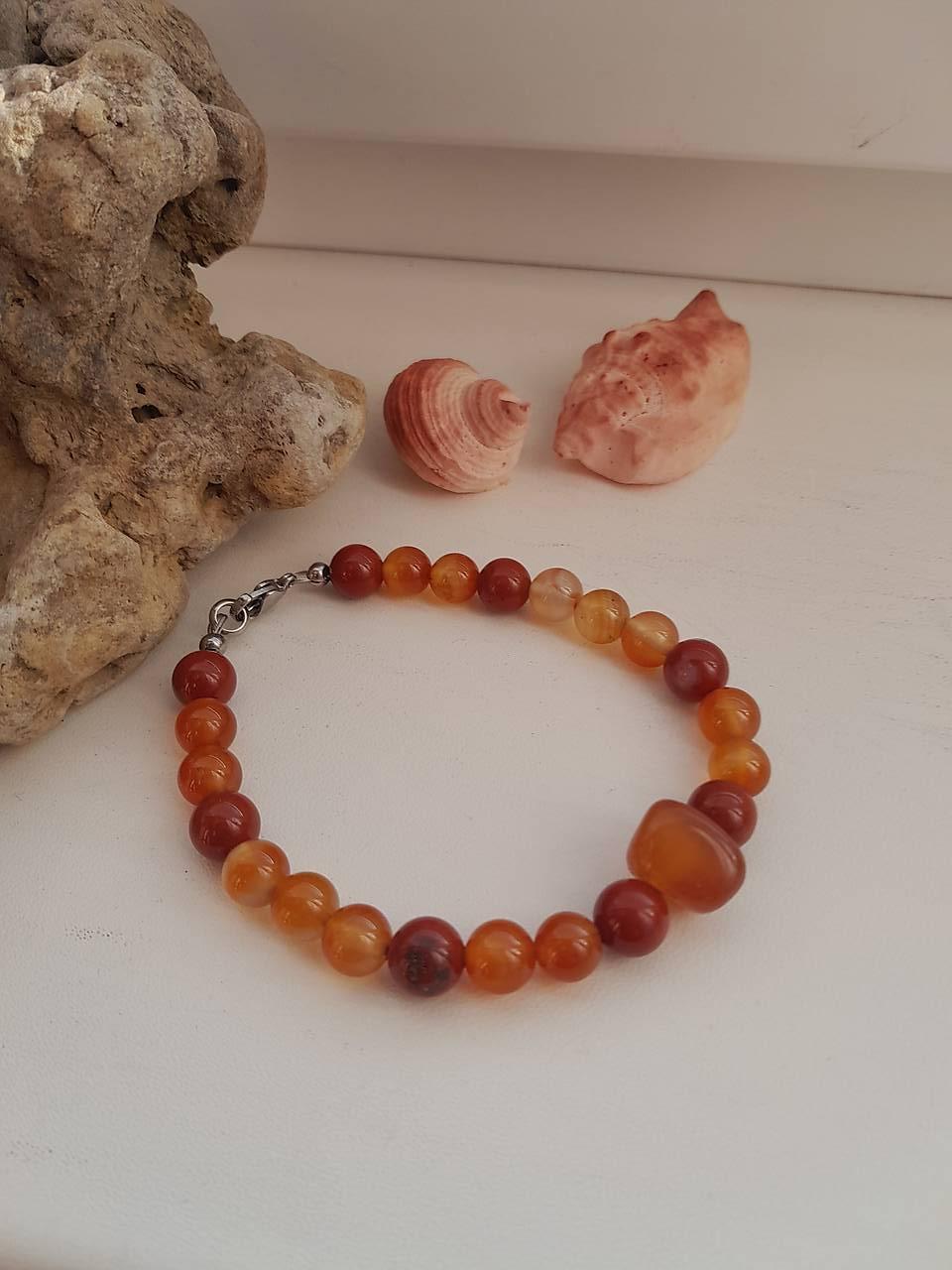 Pánsky náramok z minerálov, chirurgická oceľ (Karneol+ červený jaspis, č 3961)