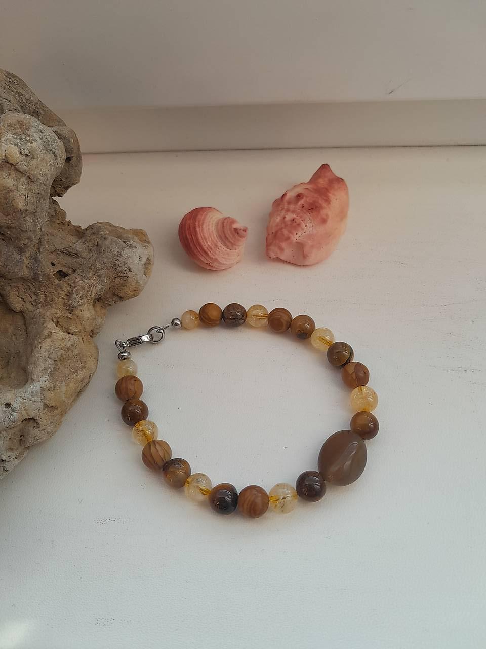 Pánsky náramok z minerálov, chirurgická oceľ (Jaspis drevitý + citrín, č. 3962)