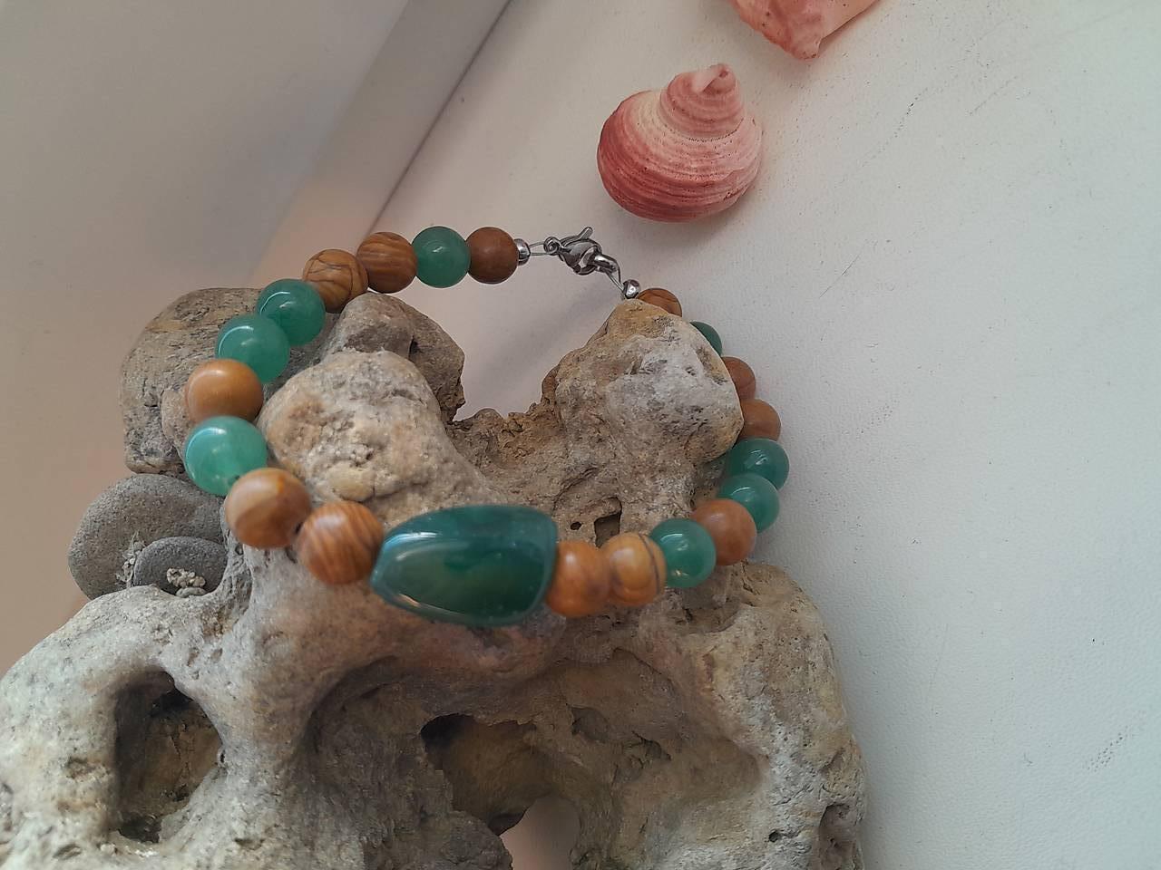 Pánsky náramok z minerálov, chirurgická oceľ (Aventurín + jaspis drevitý, č.3964)