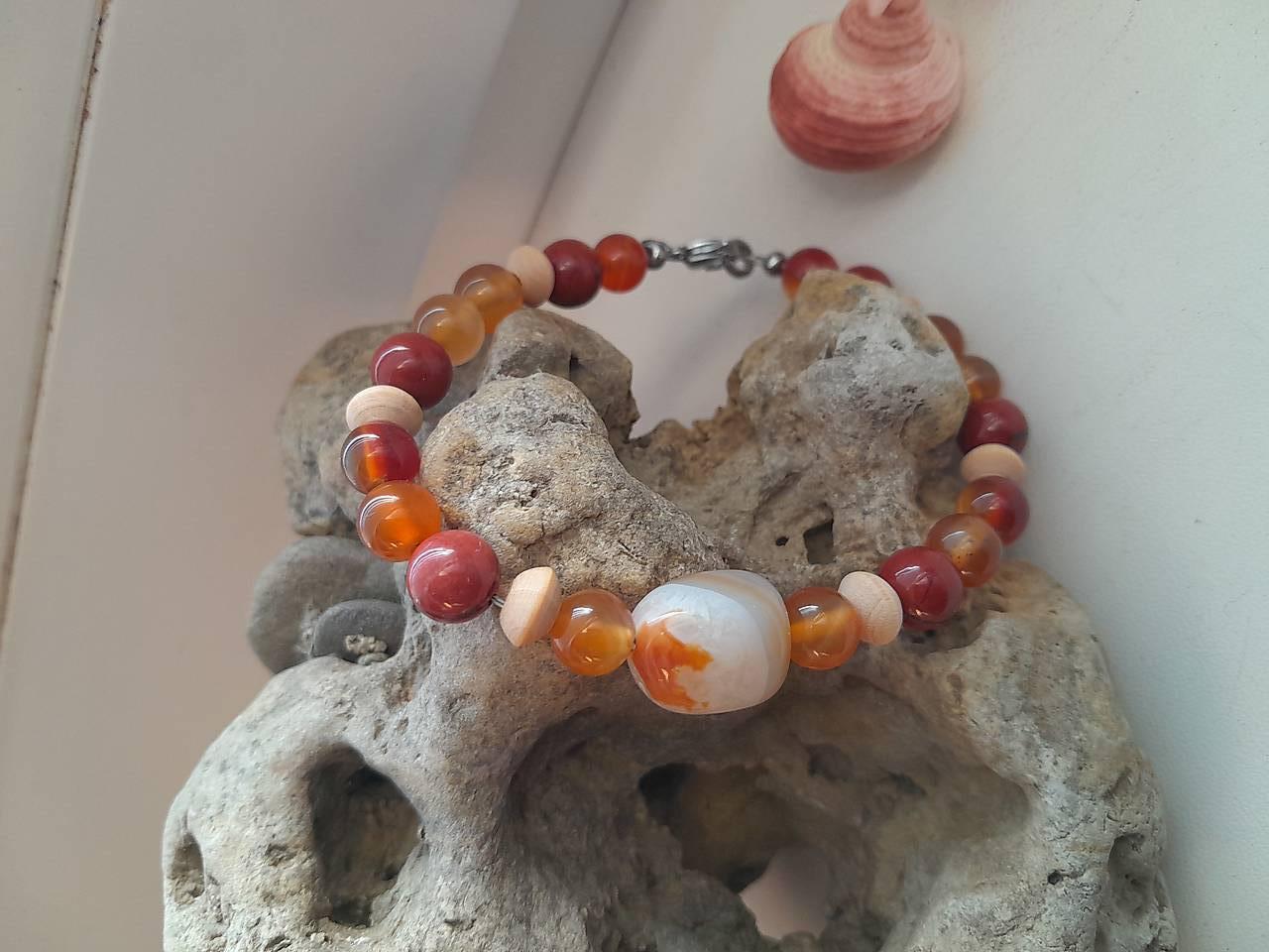 Pánsky náramok z minerálov, chirurgická oceľ (Karneol + červený jaspis, č.3965)