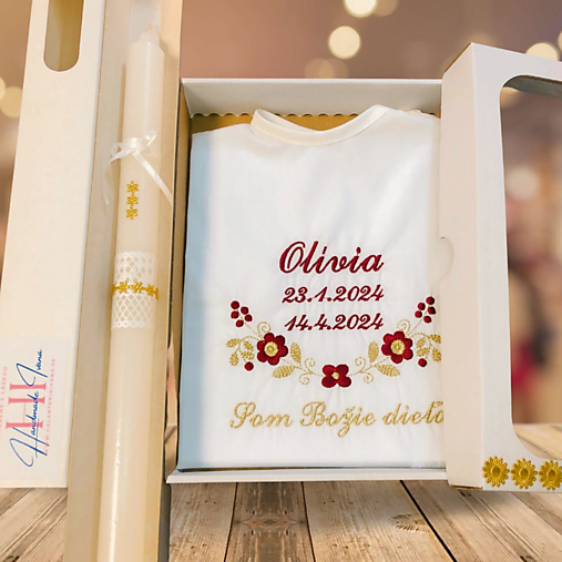 Detské oblečenie - Košieľka na krst k09 bordová so zlatou v darčekovom balení a sviečka na krst zlaté kvietky - 16531146_