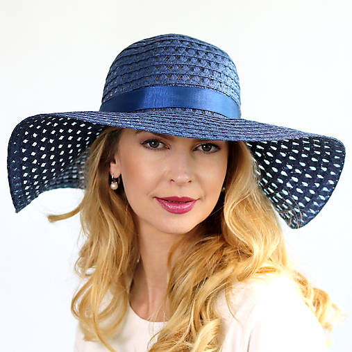 Čiapky, čelenky, klobúky - Eleanor - veľký klobúk, modrý - 16532402_