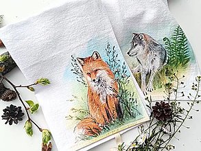 Úžitkový textil - Maľované ľanové utierky, vlk a líška - 16536529_