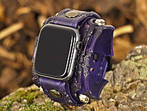 Náramky - Kožený remienok pre apple hodinky fialový s lebkami, gothický apple remienok - 16542323_