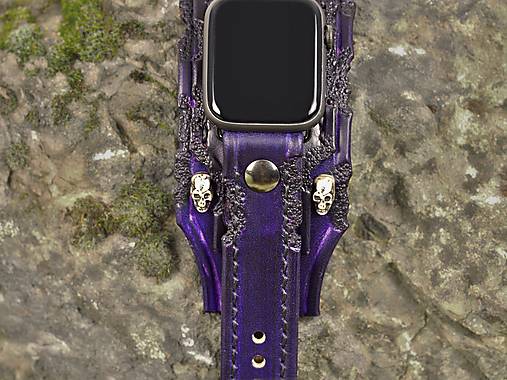 Kožený remienok pre apple hodinky fialový s lebkami, gothický apple remienok