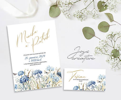 Svadobné oznámenie s modrými lúčnymi kvetmi, pozvánky zdarma A06