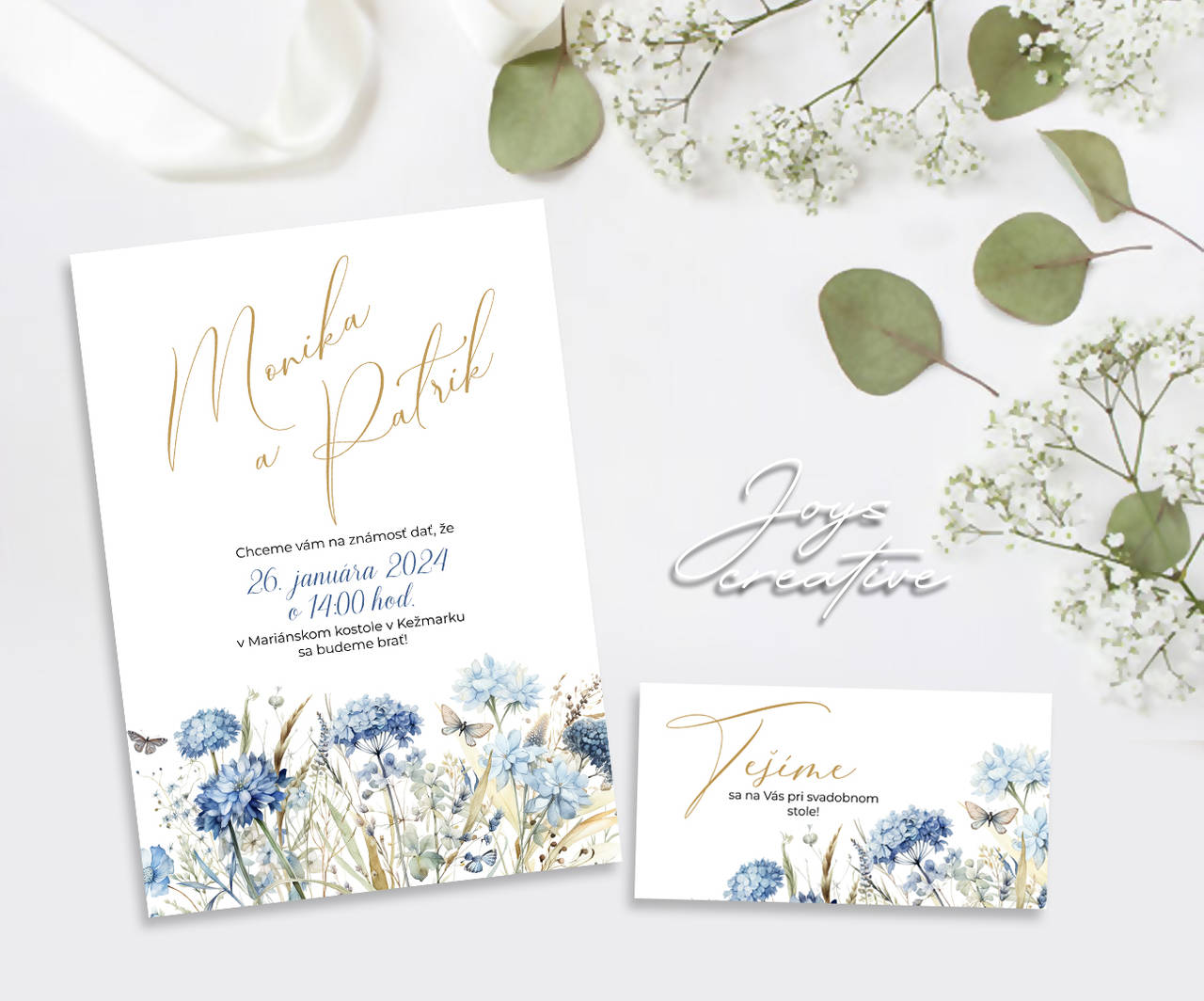 Svadobné oznámenie s modrými lúčnymi kvetmi A06