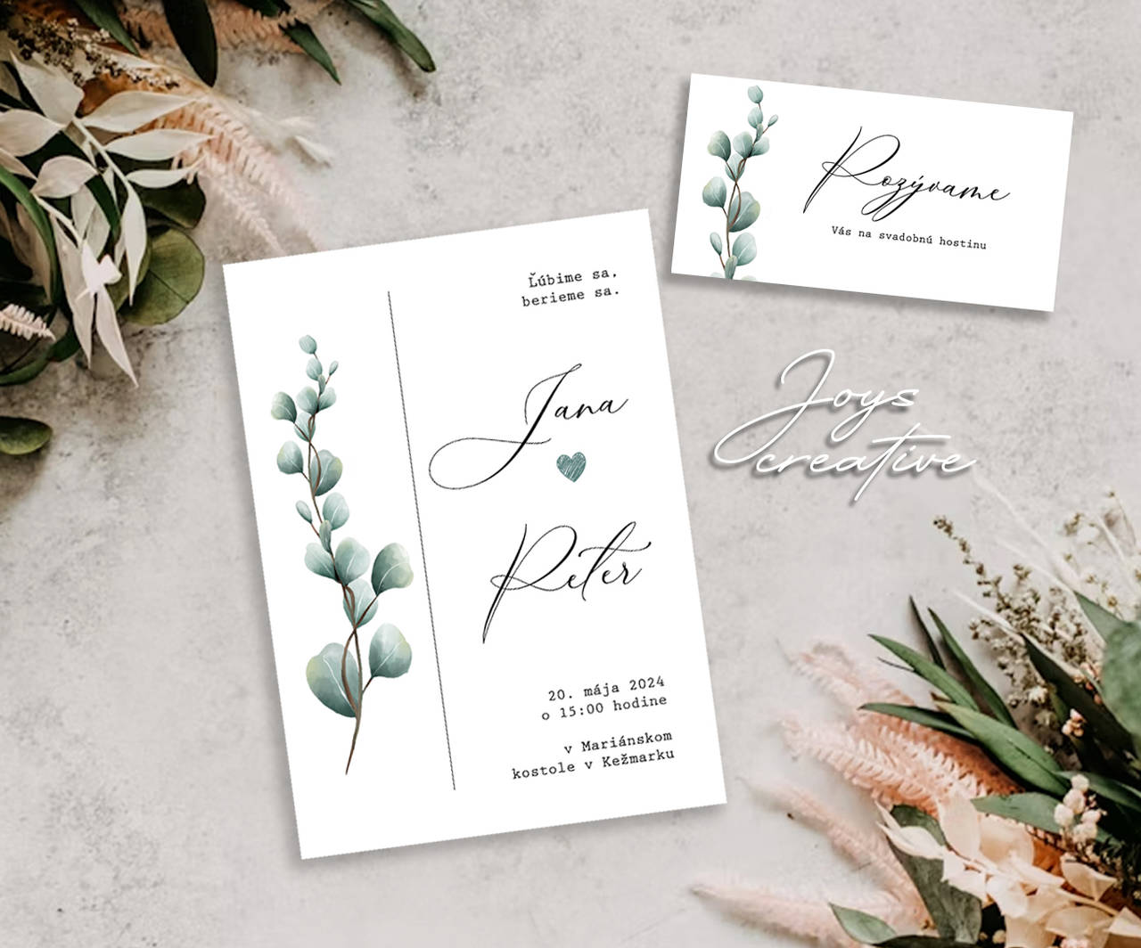 Minimalistické svadobné oznámenie eukalyptus A09