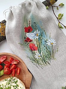 Úžitkový textil - Maľované ľanové vrecúško maky - 16543273_