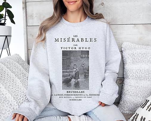 Mikiny - Literárna mikina Bedári / Les Miserables, Victor Hugo - Bledošedý melír - 16543862_