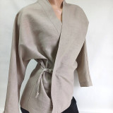 Kimoná - Ľanový kabátik kimonového vzhľadu "light sand" - 16547636_