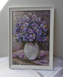 Obrazy - Fialová nežná kytica (biely drevený rám) - 16551472_