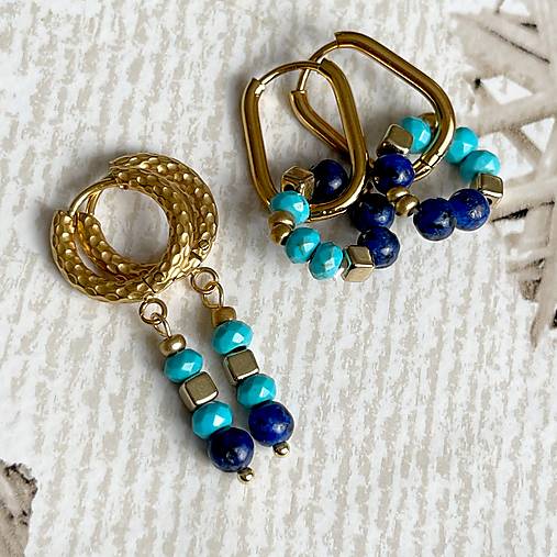 Tyrkenite and Lapis Lazuli Steel Gold Earrings / Náušnice lapis, tyrkenit, oceľ E008