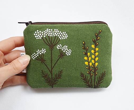 Mini peňaženka (+zadný zips) - Kvety na zelenej (ručna maľba)