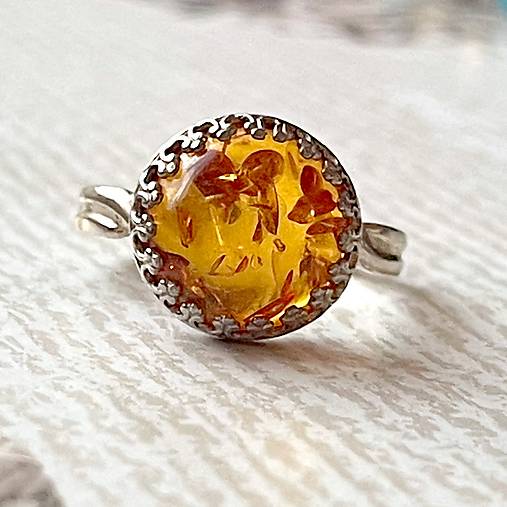 ZĽAVA 20% Filigree Amber Ag925 Silver Ring  / Strieborný filigránový prsteň s jantárom E034