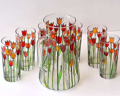 Nádoby - Skleněný džbán 3 l set 1+6 – tulipánový - 16560947_