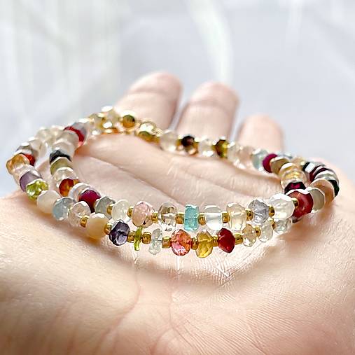 Mix Gemstones Bracelet AG925 AU585 / Náramok mix minerálov rondelky, AG925, pozlátený E036