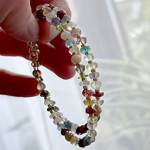 Mix Gemstones Bracelet AG925 AU585 / Náramok mix minerálov rondelky, AG925, pozlátený E036