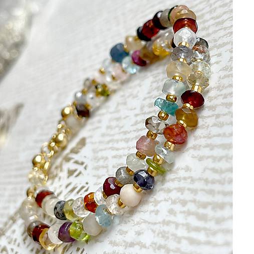 Mix Gemstones Bracelet AG925 AU585 / Náramok mix minerálov rondelky, AG925, pozlátený E036