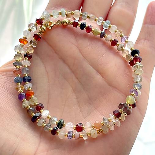 Mix Gemstones Necklace AG925 AU585 / Náhrdelník mix minerálov rondelky, AG925 pozlátený E036