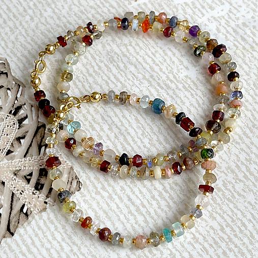 Mix Gemstones Necklace AG925 AU585 / Náhrdelník mix minerálov rondelky, AG925 pozlátený E036