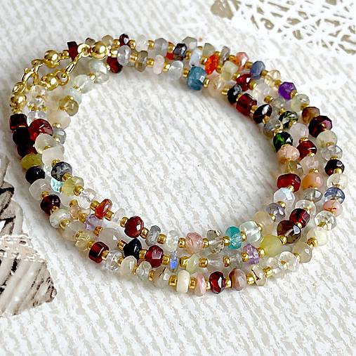 Mix Gemstones Necklace AG925 AU585 / Náhrdelník mix minerálov rondelky, AG925 pozlátený E036