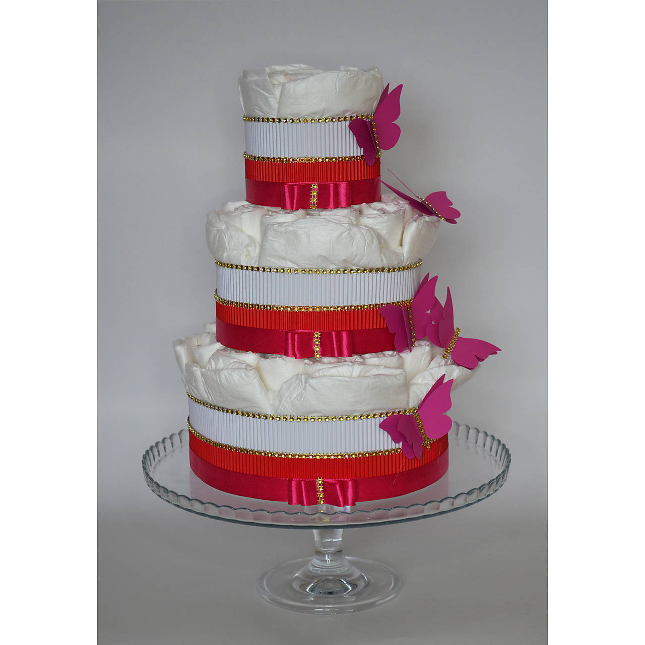 Plienková torta s motýľmi - ružová (Veľkosť plienok č.4 (7 - 14kg))