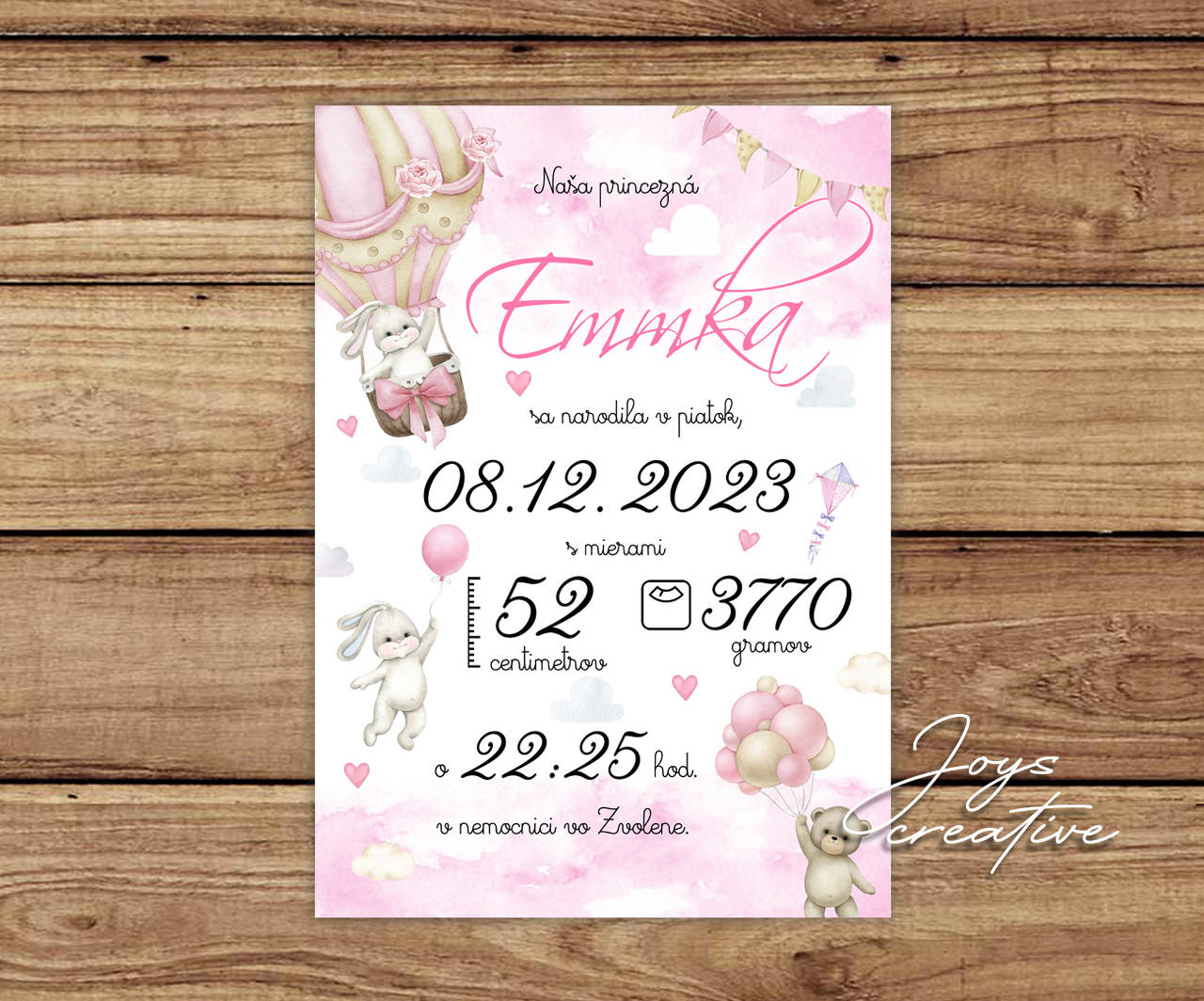 Detská tabuľka, tabuľka pre dieťa s údajmi o narodení dieťatka  (Balón so zajačikom bez fotky 27x19cm)