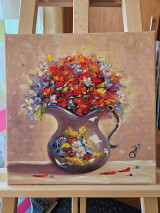 Obrazy - Obraz "Červené kvety v džbáne" - olejomaľba, plátno, 30x30 cm - 16561805_