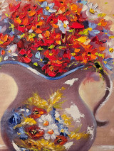 Obrazy - Obraz "Červené kvety v džbáne" - olejomaľba, plátno, 30x30 cm - 16561808_