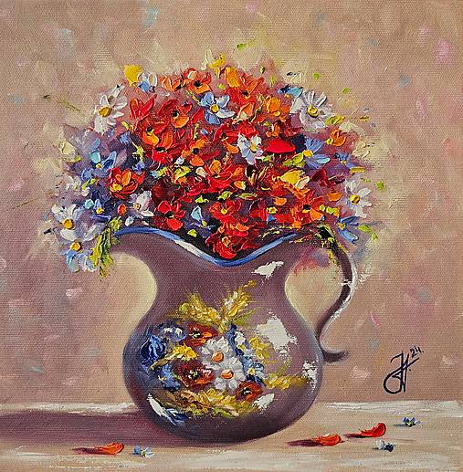 Obraz "Červené kvety v džbáne" - olejomaľba, plátno, 30x30 cm
