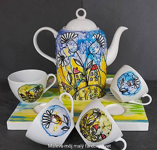Nádoby - porcelánová čajová/kávová súprava Maľovaná (na drevenom podnose) - 16566569_
