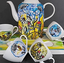 Nádoby - porcelánová čajová/kávová súprava Maľovaná (na drevenom podnose) - 16566568_