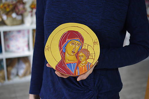 Drevená okrúhla ikona "Bohorodička s Ježišom"